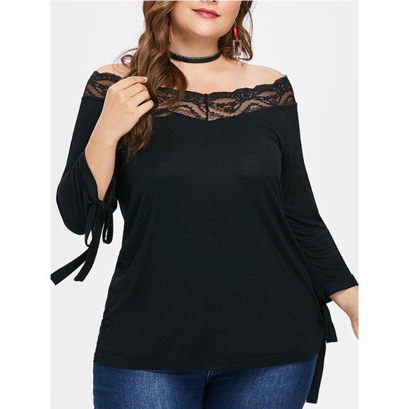 Plus Size Off Shoulder Slim Fit Top - Black - Picture 1 of 8